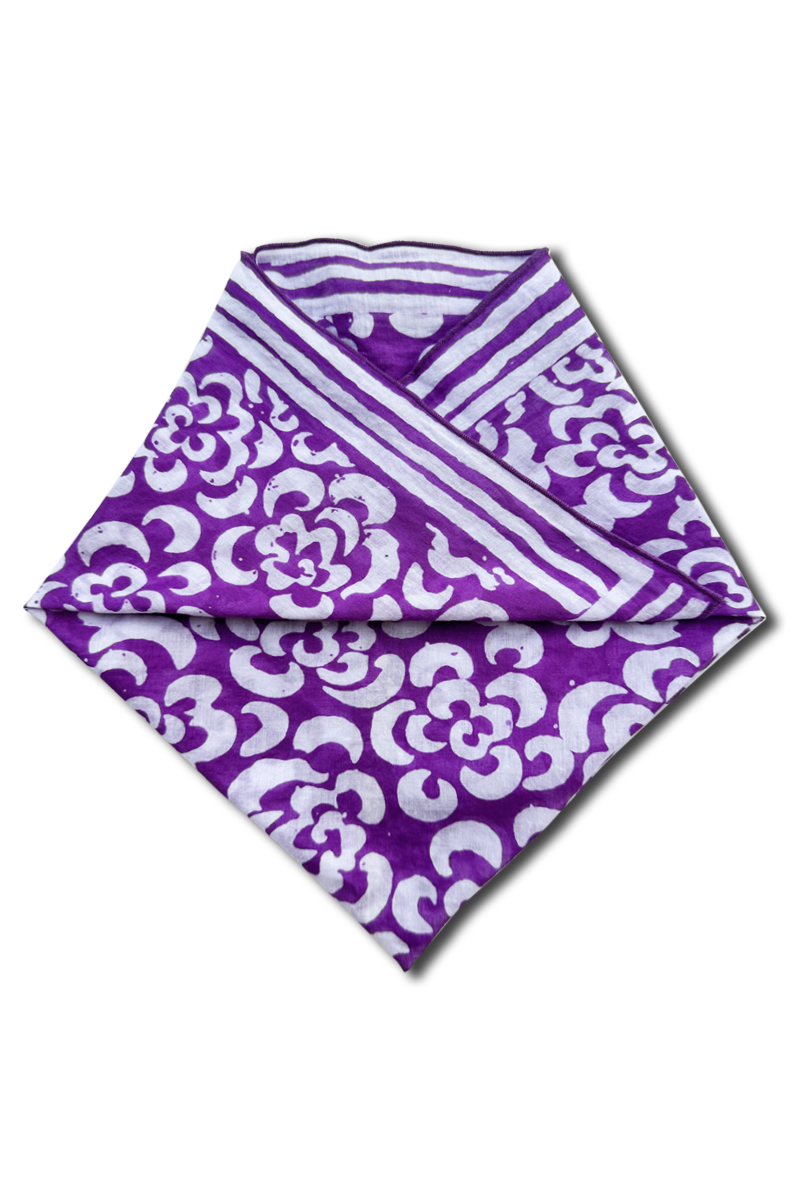 Bandana cotton voile printed batik - purple & white - folded