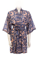 Short Yukata batik with a leaf pattern - deep blue & beige
