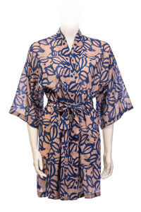 Short Yukata batik with a leaf pattern - deep blue & beige
