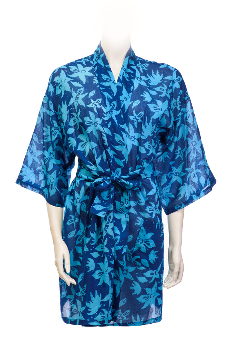 Short Yukata batik with a orchid pattern - sky blue turquoise