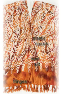 Kaftan style dress, showing flat, with fringes - batik printed