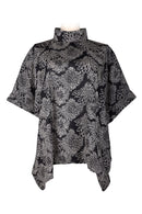 Kaftan top with high collar - silk printed batik -black & white