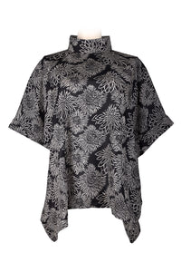 Kaftan top with high collar - silk printed batik -black & white