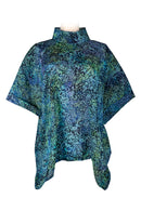 Kaftan top with high collar - silk printed batik - blue flower printed