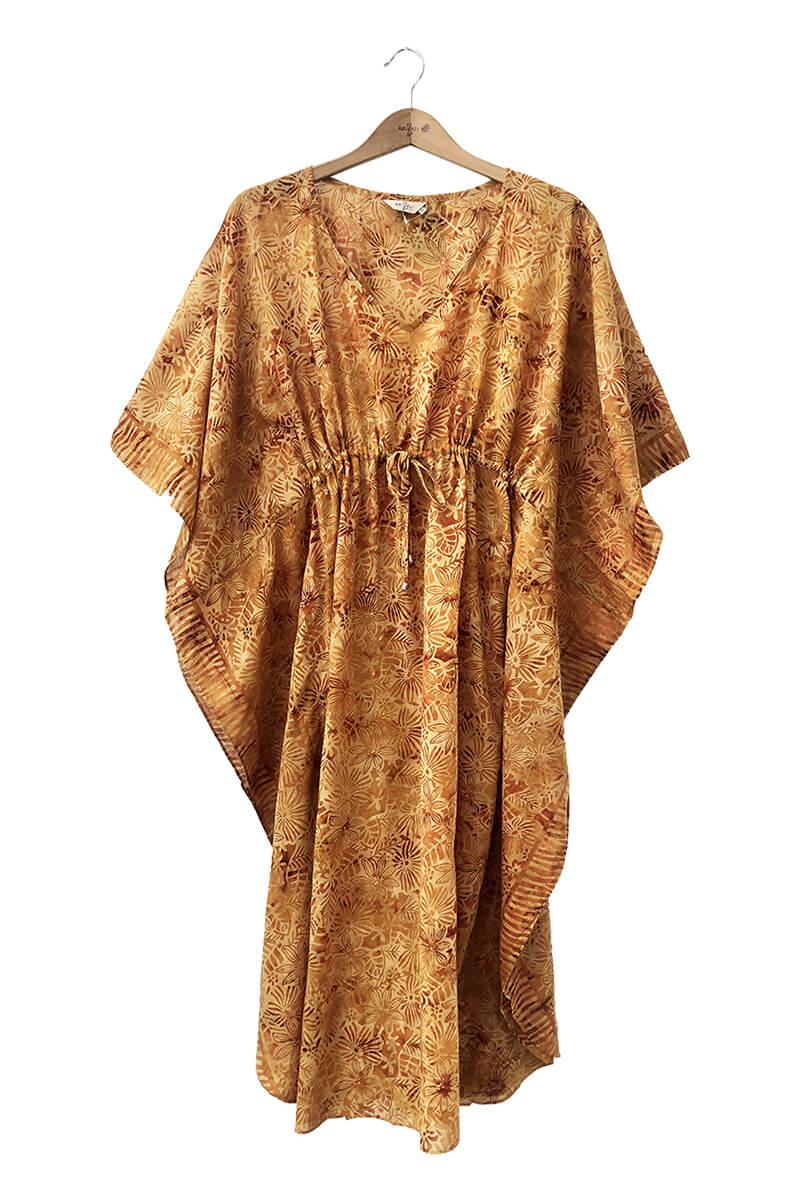Kaftan ankle length with belt - batik print on cotton voile - mix orange design