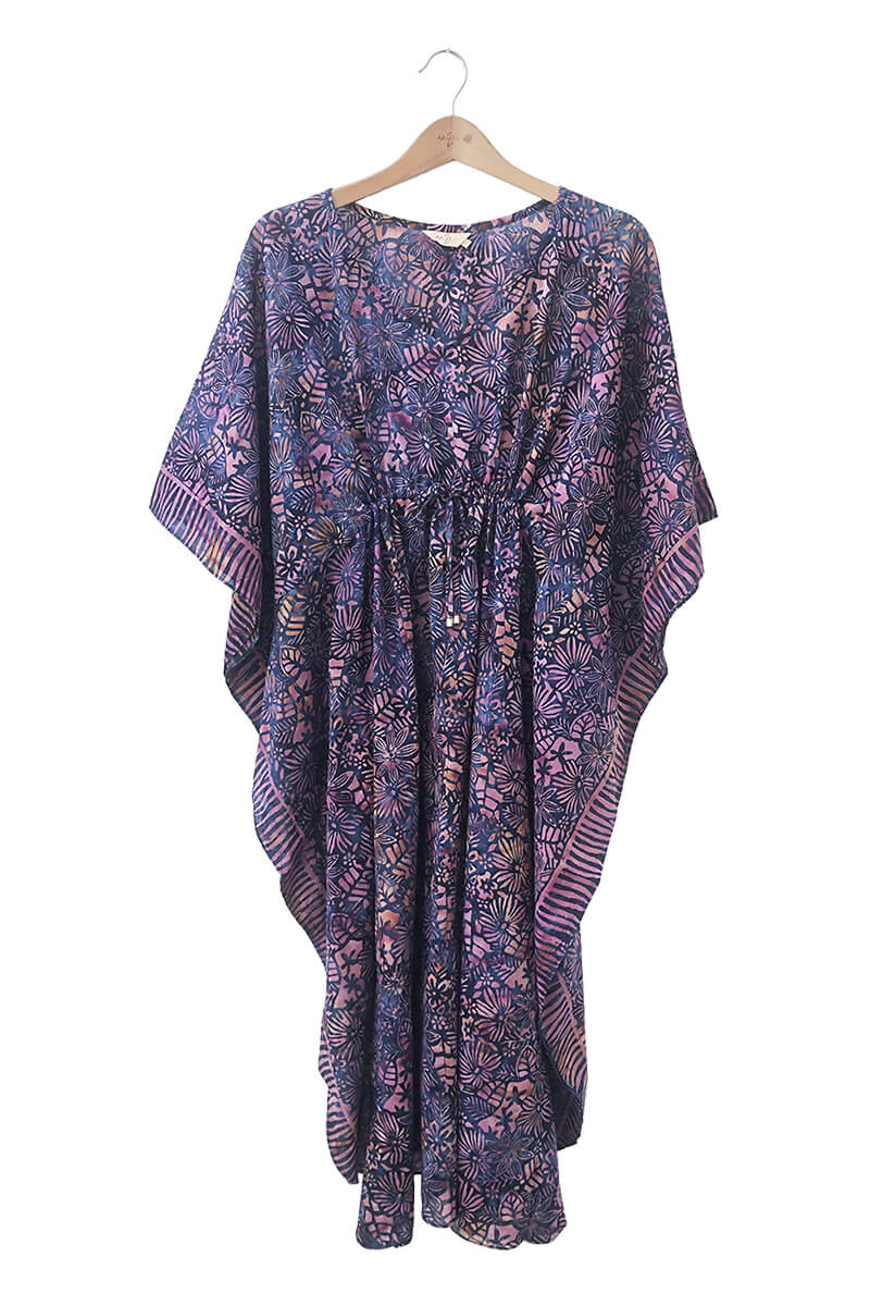 Kaftan ankle length with belt - batik print on cotton voile - on hanger - purple color