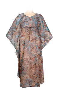 Kaftan ankle length with belt - batik print on cotton voile - earthy colors