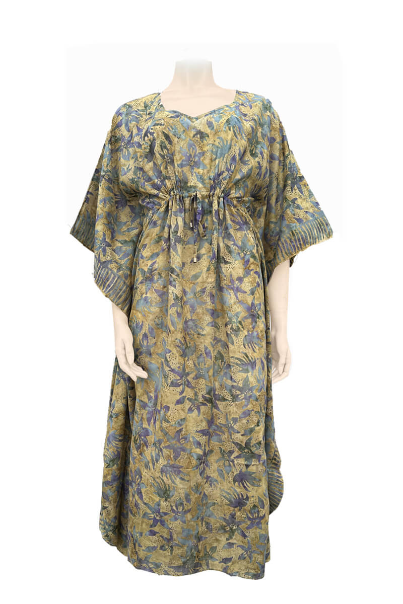 Kaftan ankle length with belt - batik print on cotton voile - orchid design