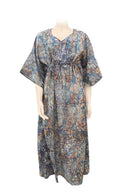 Kaftan ankle length with belt - batik print on cotton voile - mix grey colors