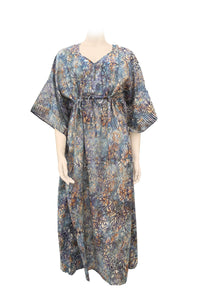 Kaftan ankle length with belt - batik print on cotton voile - mix grey colors