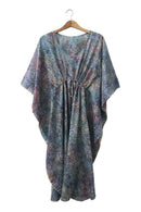 Kaftan ankle length with belt - batik print on cotton voile - mix grey flowers design
