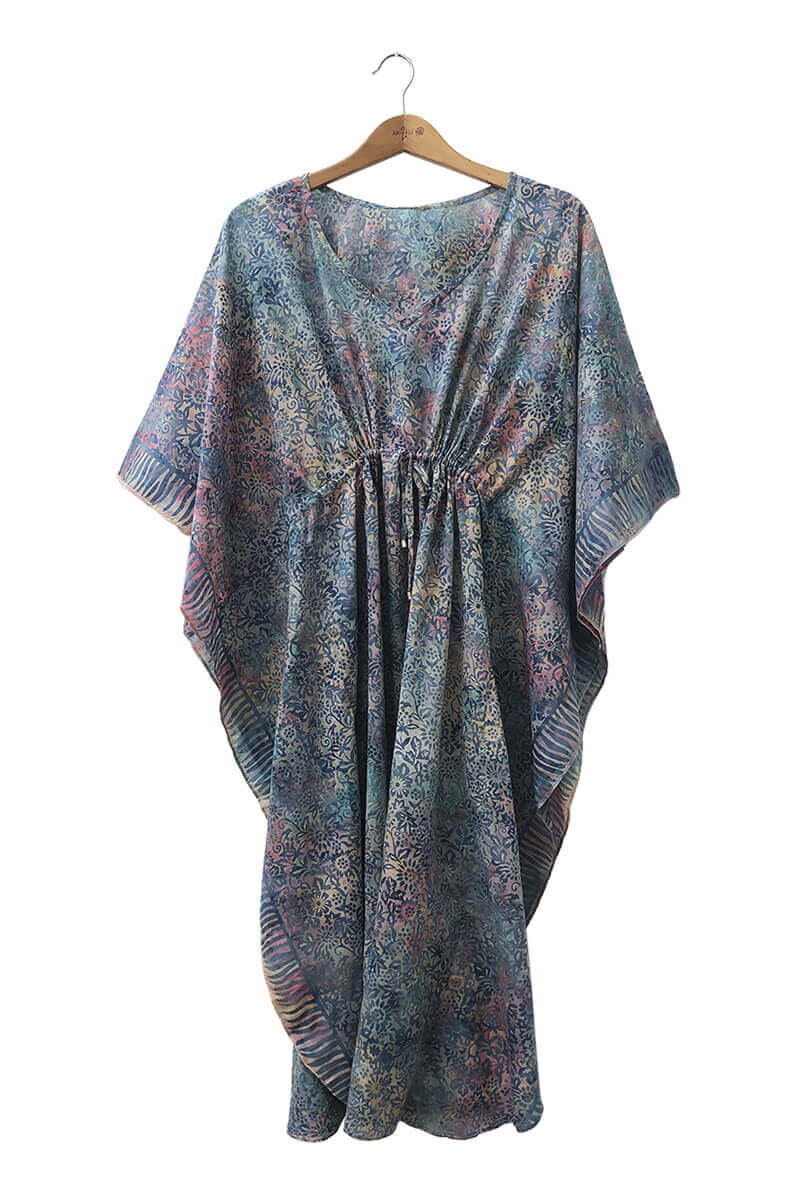Kaftan ankle length with belt - batik print on cotton voile - mix grey flowers design