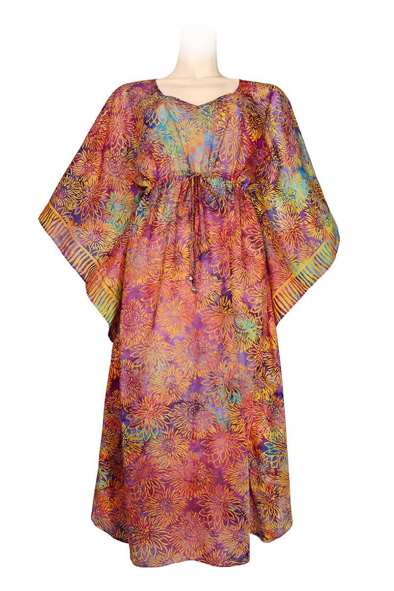 Kaftan ankle length with belt - batik print on cotton voile - fire mix colors