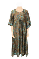 Long kaftan hundred percent silk printed batik by hand - big flower pattern - brown & turquoise tones
