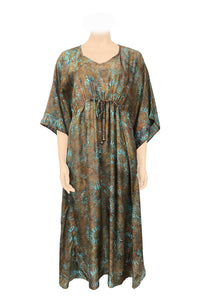 Long kaftan hundred percent silk printed batik by hand - big flower pattern - brown & turquoise tones