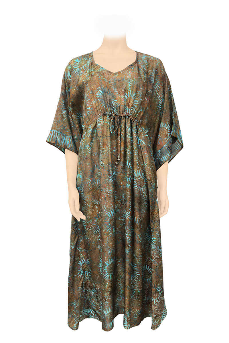 Long kaftan hundred percent silk printed batik by hand - big flower pattern - brown & turquoise tones
