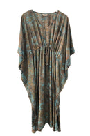 Long kaftan hundred percent silk printed batik by hand - big flower pattern - brown and turquoise tones - with self fabric inner belt pulled to show the folds
