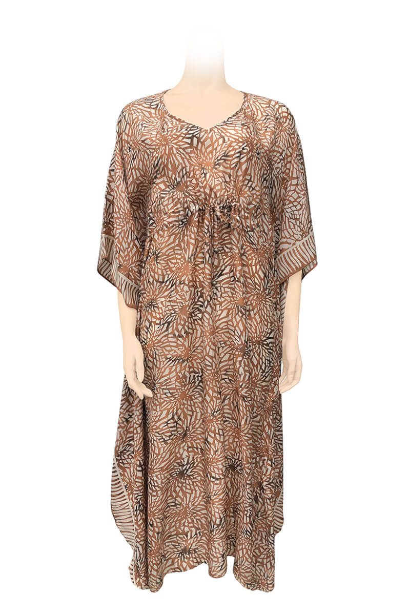 Long kaftan hundred percent silk printed batik by hand - broken flower pattern - earthy tones