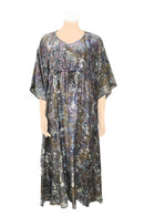 Long kaftan hundred percent silk printed batik by hand - leaf design - grey & earthy tones