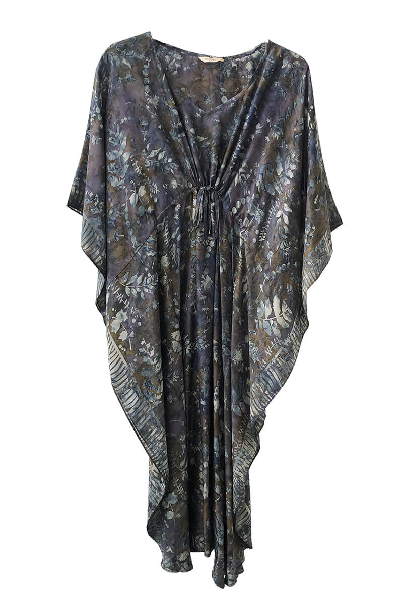 Long kaftan hundred percent silk printed batik by hand - leaf design - grey & earthy tones - with self fabric inner belt pulled to show the folds
