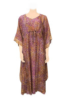 Long kaftan hundred percent silk printed batik by hand - flower design - purple & orange