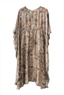 Long kaftan hundred percent silk printed batik by hand - big flower pattern - late tones - with self fabric inner belt for alternative way to wear it