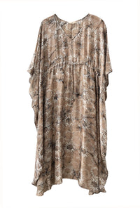 Long kaftan hundred percent silk printed batik by hand - big flower pattern - late tones - with self fabric inner belt for alternative way to wear it