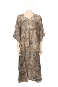 Long kaftan hundred percent silk printed batik by hand - flower design - big flower pattern- latte tones