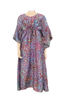 Long kaftan hundred percent silk printed batik by hand - roses design - big flower pattern- lilac & blue tones