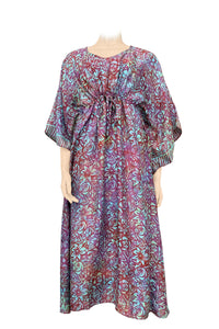 Long kaftan hundred percent silk printed batik by hand - roses design - big flower pattern- lilac & blue tones