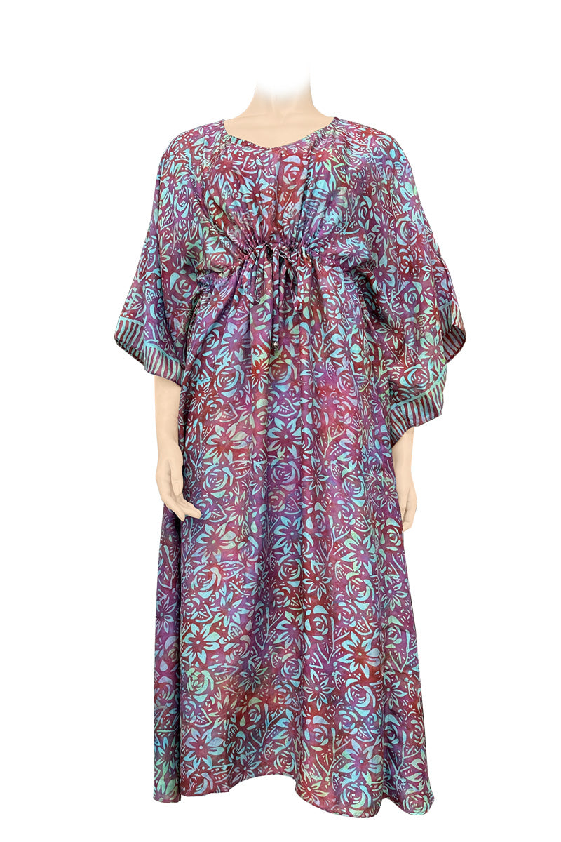Long kaftan hundred percent silk printed batik by hand - roses design - big flower pattern- lilac & blue tones
