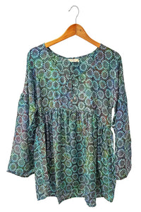printed batik silk blouse, flowers on black background