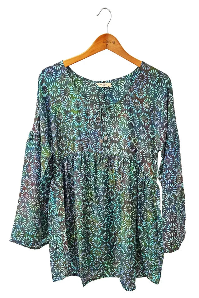 printed batik silk blouse, flowers on black background