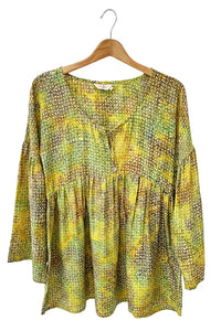 Green patterned silk blouse batik block by hand