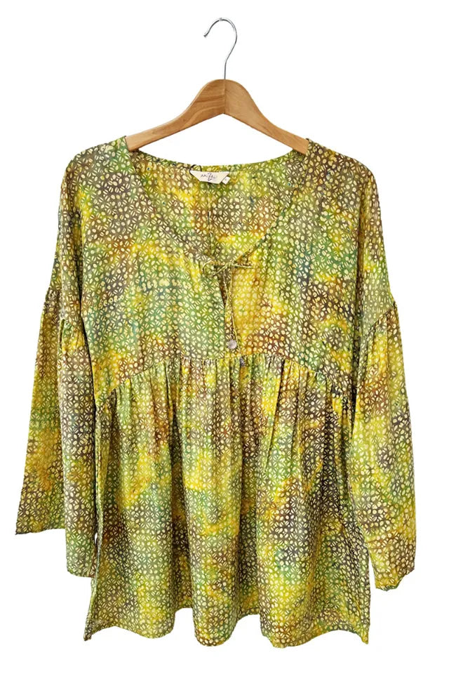 Green patterned silk blouse batik block by hand