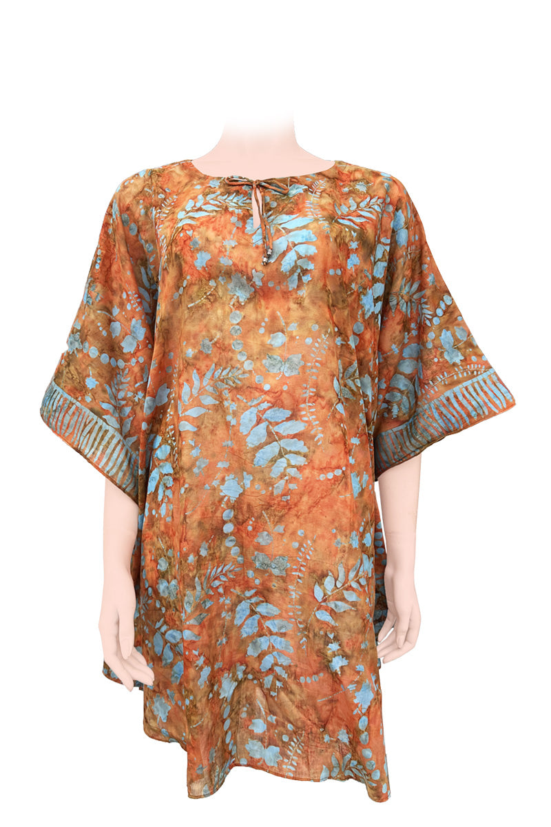 Sun dress kaftan style batik orange and turquoise flowers
