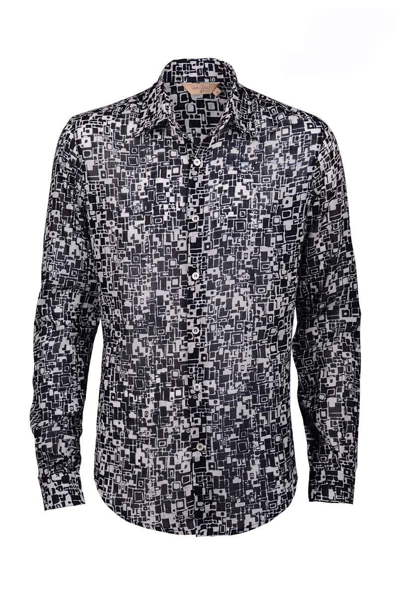 Batik printed long sl shirt -black & white