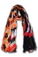 Chiffon silk scarf crinkled, printed batik by hand with a jungle style pattern - orange, red and black hues to white background