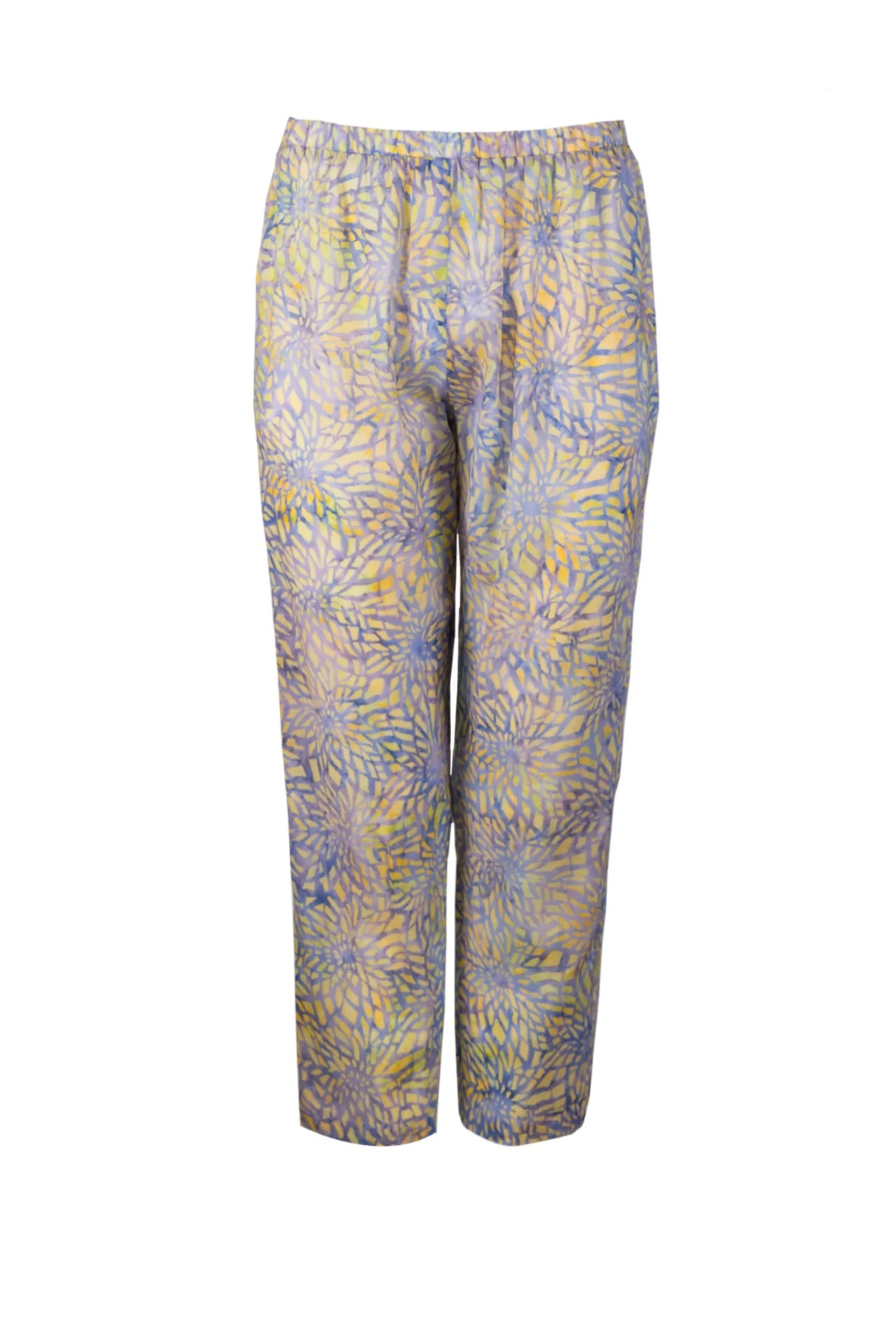 Patterned mosaic batik pants on a white background