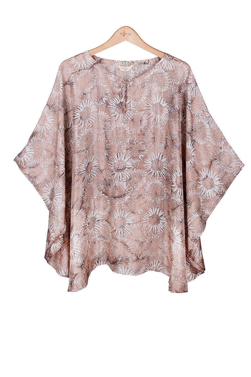 Kaftan top silk habotai printed batik -big flower design