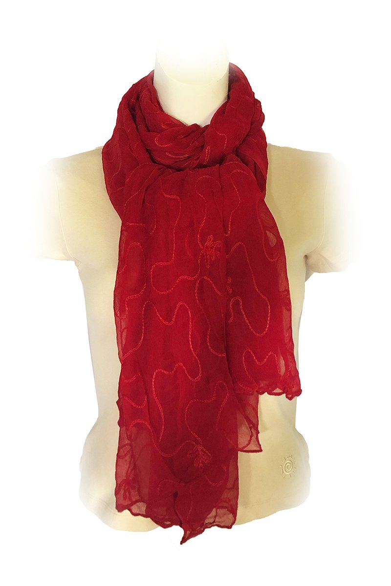 Red Chiffon Scarf Embroidered